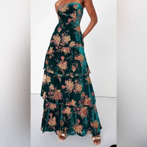 Lulus Real Allure Emerald Floral Burnout Velvet Strapless Maxi Dress - Picture 4 of 5